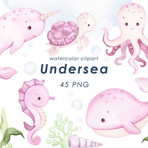 Clipart ad acquerello sottomarino, arredamento per la scuola materna, arte della parete nautica per bambina, polpo, medusa, balena, simpatici animali dell'oceano png, baby shower