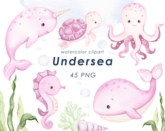 Undersea watercolor clipart, nursery decor, nautical baby girl wall art, octopus, jellyfish, whale, cute ocean animals png, baby shower