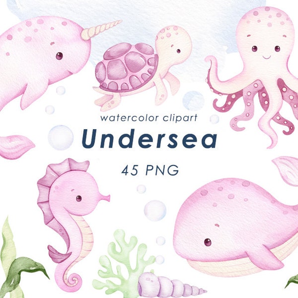 Undersea watercolor clipart, nursery decor, nautical baby girl wall art, octopus, jellyfish, whale, cute ocean animals png, baby shower