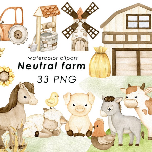 Farm animals watercolor cute farm clip art, neutral nursery decor, baby wall art png, baby shower