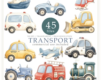 Watercolor Transport Vehicle Clipart Bundle, Construction Cars, Nursery Decor (Digital Download)