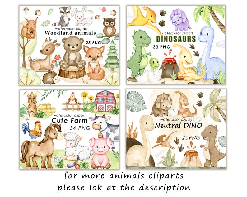Puede incluir: Cuatro ilustraciones de acuarela con diferentes temas de animales. La primera imagen muestra animales del bosque, la segunda muestra dinosaurios, la tercera muestra animales de granja y la cuarta muestra dinosaurios de color neutro. Cada imagen incluye el texto "watercolor clipart" y el nombre del tema. Tambi&eacute;n se indica el n&uacute;mero de archivos PNG incluidos en cada conjunto.
