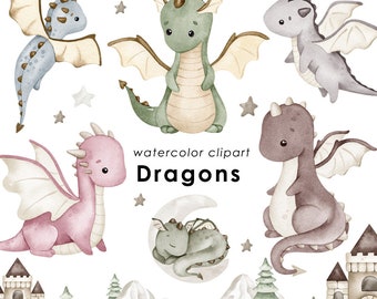 Dragons watercolor clipart, cute dragon PNG, nursery decor, baby shower, neutral dragons clip art