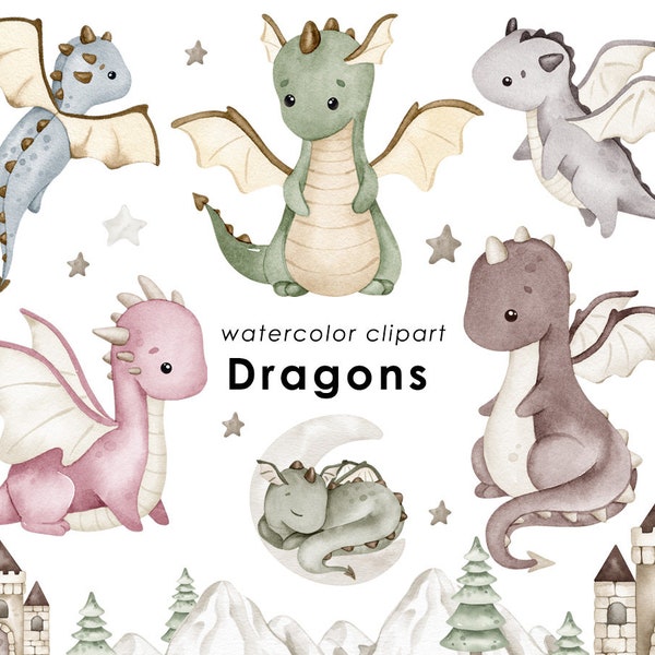 Dragons watercolor clipart, cute dragon PNG, nursery decor, baby shower, neutral dragons clip art