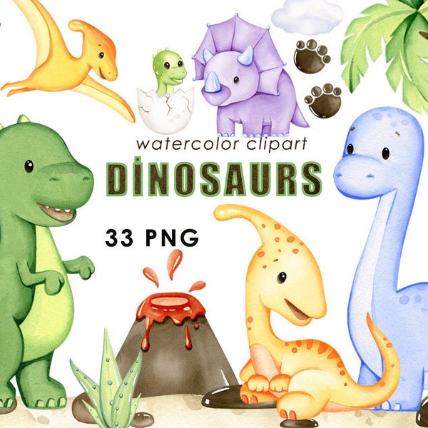 Imágenes prediseñadas de dinosaurios de acuarela, imágenes prediseñadas de dino, decoración de guardería, bebé png, descarga digital