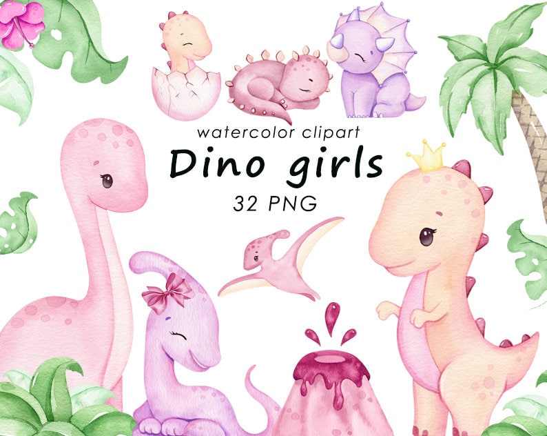 Puede incluir: Clipart de acuarela de 32 chicas dinosaurio rosas y moradas. Los dinosaurios est&aacute;n en varias poses, incluyendo de pie, sentados y durmiendo. Tambi&eacute;n hay algunas palmeras y un volc&aacute;n en la imagen. El texto "watercolor clipart Dino girls 32 PNG" est&aacute; escrito en la imagen.