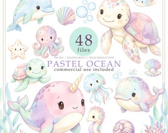 Pastel Undersea Clipart, Under the Sea png, Baby Ocean Animals, Nursery decor, Commercial use