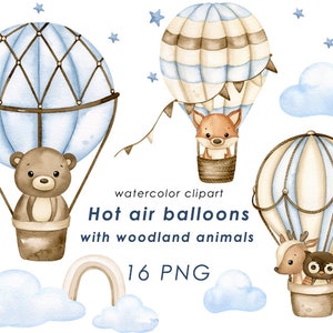 Waldtiere Aquarell Clipart, Heißluftballon Clip Art, Kinderzimmer Dekoration, Baby Junge Wandkunst, Babyparty