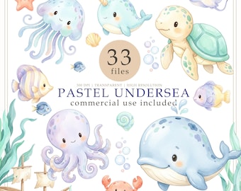Pastel Undersea watercolor clipart, ocean animals PNG, Sea Life baby shower, Nursery decor, Commercial use