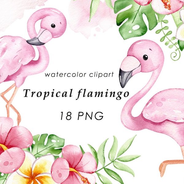 Watercolor flamingo clipart, cute tropical clip art, summer clipart, png