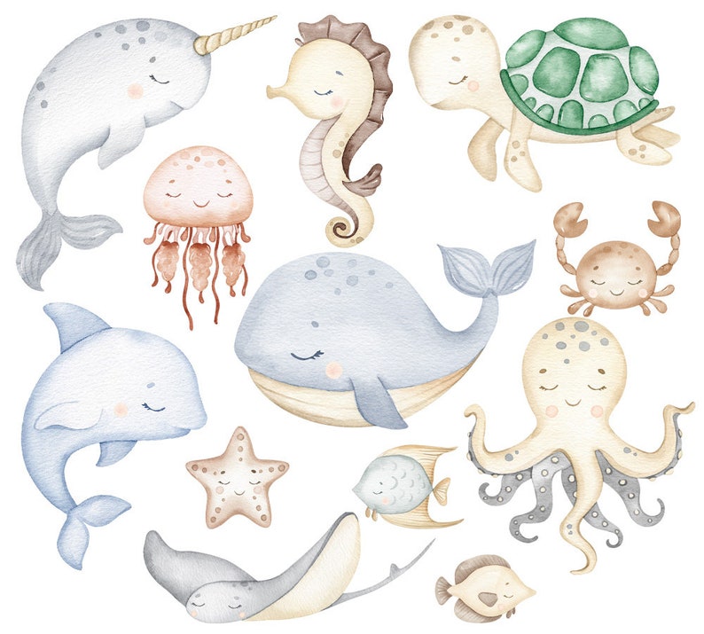 Puede incluir: Ilustraci&oacute;n de acuarela de varias criaturas marinas, incluyendo una narval, un caballito de mar, una tortuga, una medusa, una ballena, un pulpo, una estrella de mar y un pez. La ilustraci&oacute;n est&aacute; hecha en una paleta de colores suaves y pastel.