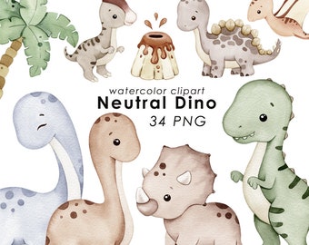 Dinosaurs watercolor clipart, dino clip art, cute dinosaur, neutral nursery decor, trex PNG