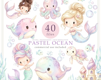Pastel Mermaid Clipart Bundle, Under the Sea png, Baby Ocean Animals, Nursery decor, Commercial use