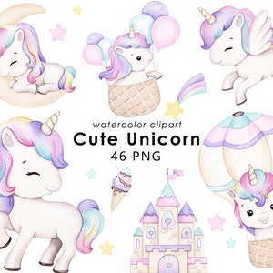 Clipart aquarela de unicórnio, clipart de unicórnios fofos, arco-íris png, nascimento de menina