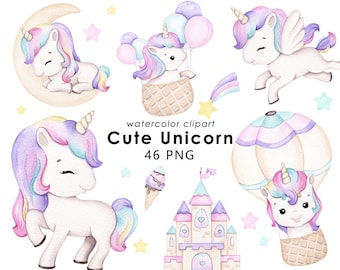 Unicorn watercolor clipart, cute unicorns clip art, rainbow png, baby girl birthbay