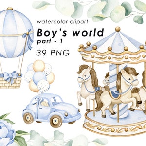 Baby boy watercolor clipart, nursery art, carousel PNG, newborn boy, boy toys, baby shower
