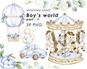 Baby boy watercolor clipart, nursery art, carousel PNG, newborn boy, boy toys, baby shower