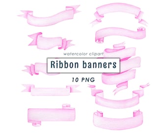 Watercolor pink ribbon banners clipart, baby girl, nursery decor, digital download