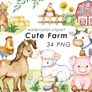 Clipart de aquarela de animais de fazenda, clipart de fazenda fofo, decoração de berçário, arte de parede de bebê, chá de bebê