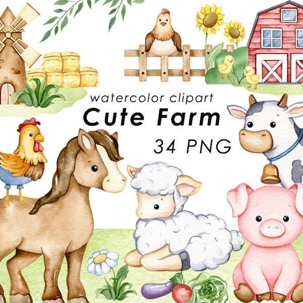 Farm animals watercolor clipart, cute farm clip art, nursery decor, baby wall art, baby shower