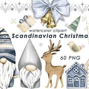 Clipart di Natale scandinavo ad acquerello, gnomi nordici PNG, clipart di Capodanno, download digitale