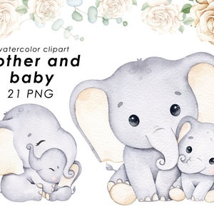 Clipart aquarelle mère et bébé éléphant, éléphant mignon PNG, décoration de chambre d'enfant, fête des mères, baby shower