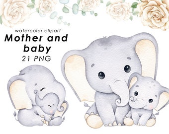 Słoniątko i matka, clipart akwarelowy, słodki słoń w formacie PNG, wystrój pokoju dziecięcego, Dzień Matki, baby shower