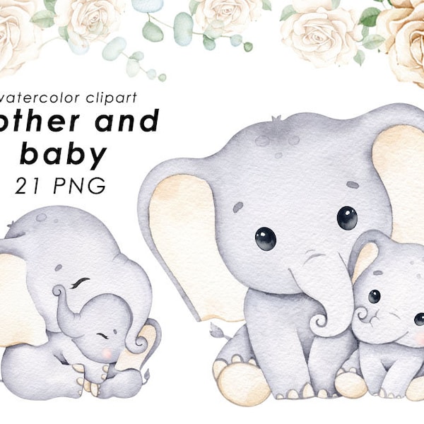 Mother and baby elephant watercolor clipart, cute elephant PNG, nursery decor, mothers day, baby shower