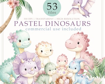 Pastel Dinosaurs watercolor clipart, pink dino PNG, nursery decor, Commercial Use