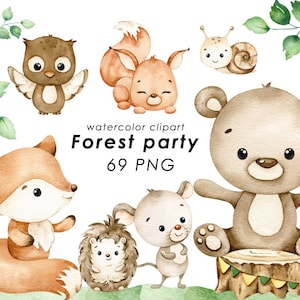Clipart animaux de la forêt, clipart animaux de la forêt, décoration de chambre d'enfant, animaux mignons PNG