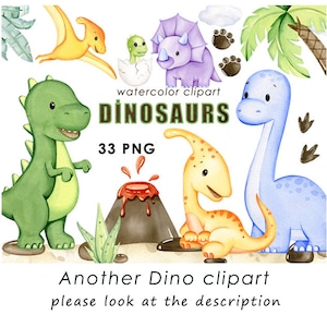 May include: Watercolor clipart of 33 dinosaurs in various poses, including a green dinosaur, a blue dinosaur, a yellow dinosaur, a purple dinosaur, and a volcano. The text "watercolor clipart DINOSAURS 33 PNG" is included in the image.