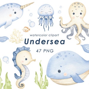 Podmorskie akwarele clipart, wystrój przedszkola, grafika ścienna dla dzieci, ośmiornica, meduza, wieloryb, słodkie zwierzęta oceaniczne PNG, baby shower