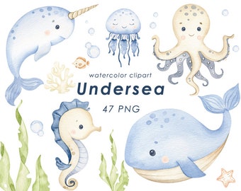 Clipart aquarelle sous-marine, décor de pépinière, art mural bébé, pieuvre, méduses, baleine, mignons animaux de l'océan png, shower de bébé