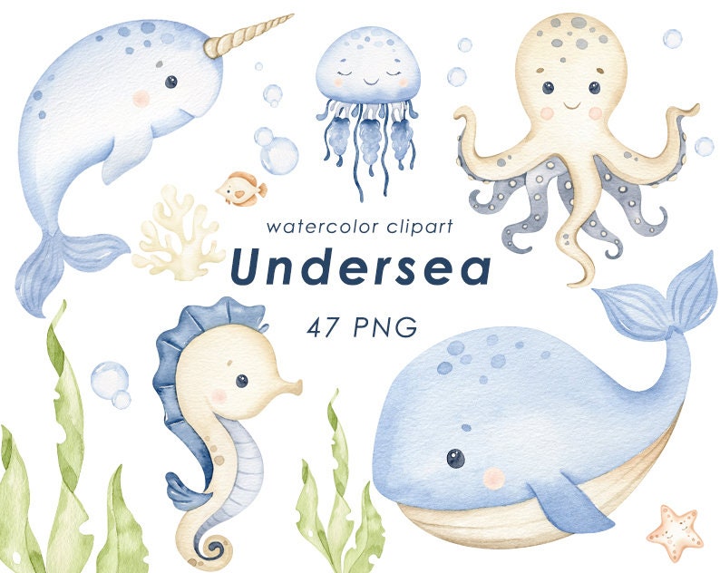 Clipart de acuarela submarina, decoración infantil, arte mural para bebés, pulpo, medusa, ballena, lindos animales marinos png, baby shower imagen 1