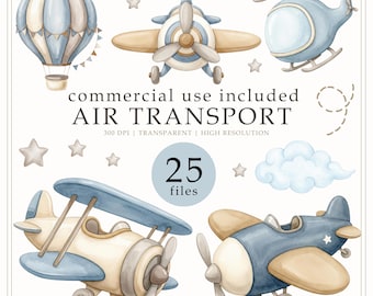 Watercolor Baby Air transport Clipart, Nursery Decor, Helicopter Hot Air Balloon PNG (Commercial Use)