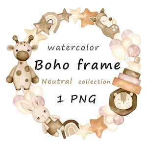 Aquarelle cadre boho, décor de chambre d’enfant, baby shower neutre png, téléchargement numérique