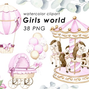 Clipart aquarelle carrousel, clipart bohème chambre d'enfant, baby shower, clipart nouveau-né, déco petite fille