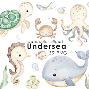 Clipart ad acquerello sottomarino, clpart di animali marini, arredamento della scuola materna, arte della parete per bambini, polpo, balena, simpatici animali dell'oceano png, baby shower