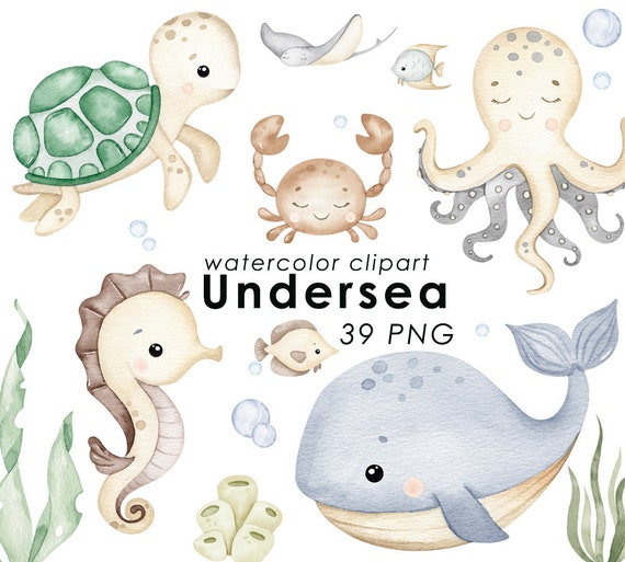 Undersea watercolor clipart, sea animals clpart, nursery decor, baby wall art, octopus, whale, cute ocean animals png, baby shower