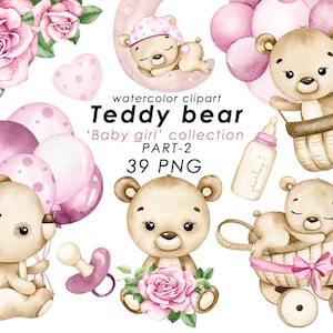 Teddybär Aquarell Clipart, Baby-Clipart, niedlicher Bär PNG, Kinderzimmer Dekor, Baby-Dusche