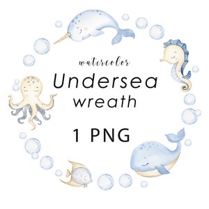 Unterwasser Aquarell Kranz, maritimer Rahmen png, Kinderzimmer Deko, Baby shower