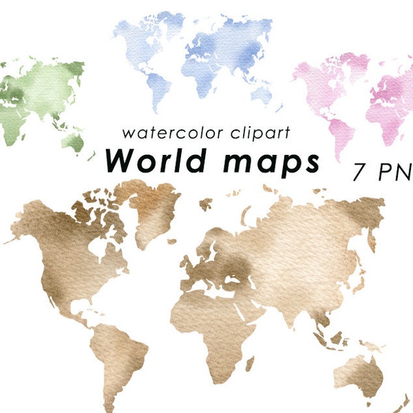 World maps watercolor clipart, nursery decor, map Png, printable map