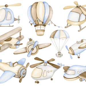 Puede incluir: Un conjunto de nueve ilustraciones de acuarela de varios modos de transporte, que incluyen un globo aerost&aacute;tico, un paraca&iacute;das, un biplano, un helic&oacute;ptero y cuatro aviones. Las ilustraciones est&aacute;n en tonos de azul, marr&oacute;n y beige.