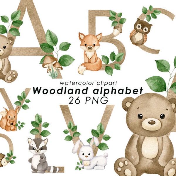 Woodland watercolor alphabet clipart, nursery decor, baby girl boy, forest letters PNG