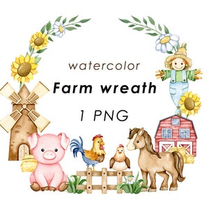 Farm animals watercolor wreath, farm frame png, baby shower, nursery decor