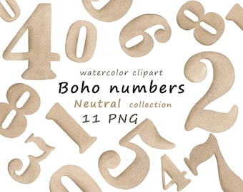 Può includere: Un set di undici numeri ad acquerello in un colore beige neutro. I numeri sono in stile boho e sono perfetti per aggiungere un tocco di fantasia ai tuoi lavoretti e progetti.