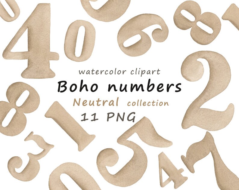 K&ouml;nnte beinhalten: Ein Set aus elf Aquarellzahlen in einem neutralen Beige. Die Zahlen sind im Boho-Stil gehalten und perfekt, um Ihren Bastelarbeiten und Projekten einen Hauch von Verspieltheit zu verleihen.