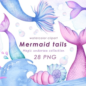 Aquarelle queue de sirène clipart, pastel baby girl fête d’anniversaire png, décor de chambre d’enfant, baby shower, téléchargement numérique