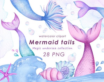 Watercolor mermaid tail clipart, pastel baby girl birthday party png, nursery decor, baby shower, digital download