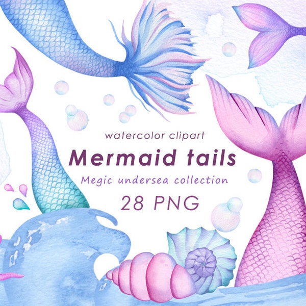 Watercolor mermaid tail clipart, pastel baby girl birthday party png, nursery decor, baby shower, digital download